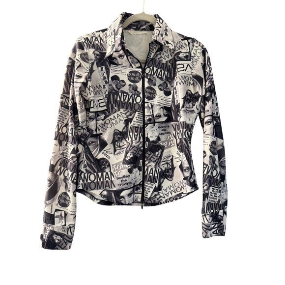 Ravure Paris Womens Graphic Newspaper Print Jacket Size 42 Black & White Zip-Up - Picture 1 of 7